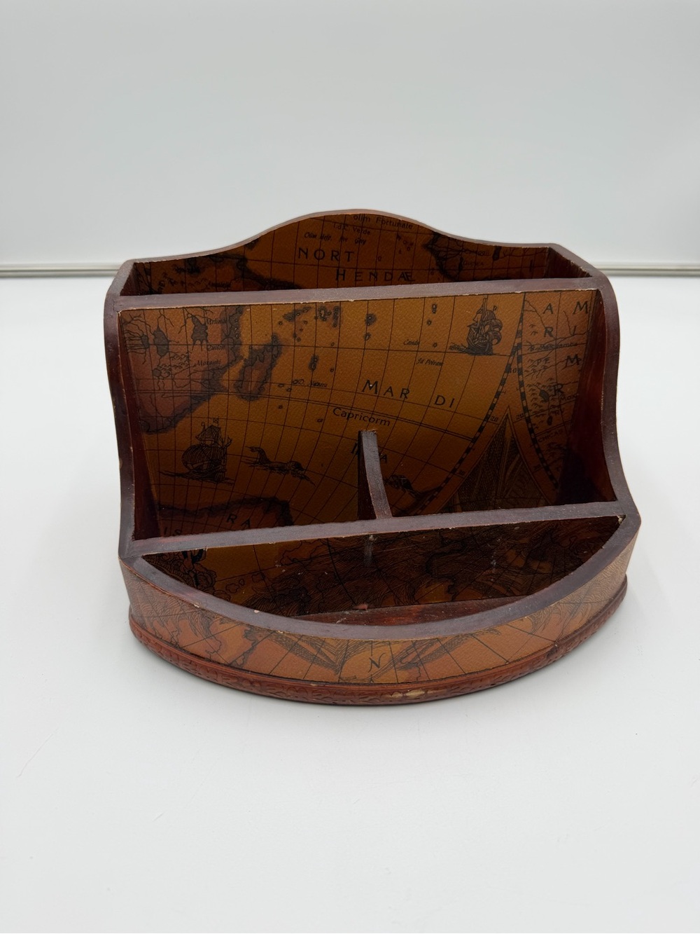 Vintage Map-Print Wooden Desk Organizer in Brown
